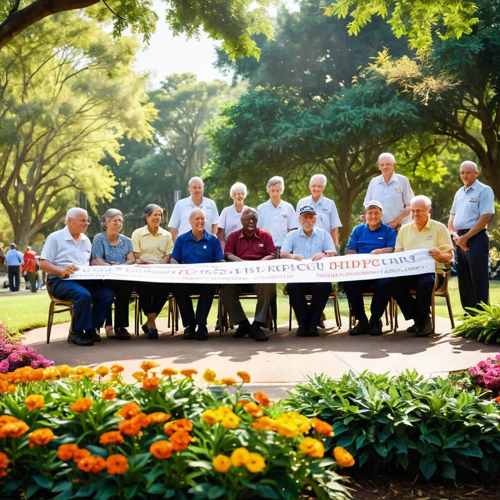 A serene scene depicting a diverse group of Vietnam War veterans, including both men and women, gathered in a peaceful hospital garden, sharing stories and support. In the background, a banner with the title 'Navigating Cancer Care' can be seen, surrounded by vibrant flowers and trees symbolizing hope and resilience. Soft sunlight filters through the leaves, casting gentle shadows. super-realistic. warm colors. natural setting.
