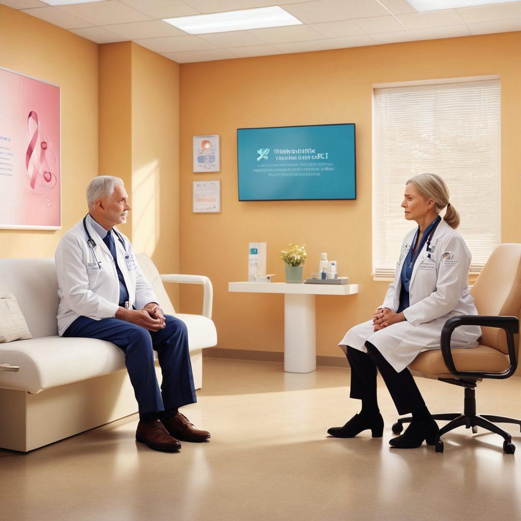 A serene scene depicting a veteran in a comfortable, modern clinic, discussing treatment options with a compassionate oncologist. Include cancer awareness symbols like ribbons in the background, and a calming color palette to convey hope and support. Show various treatment options like brochures or digital screens displaying information. super-realistic. warm colors. bright environment.