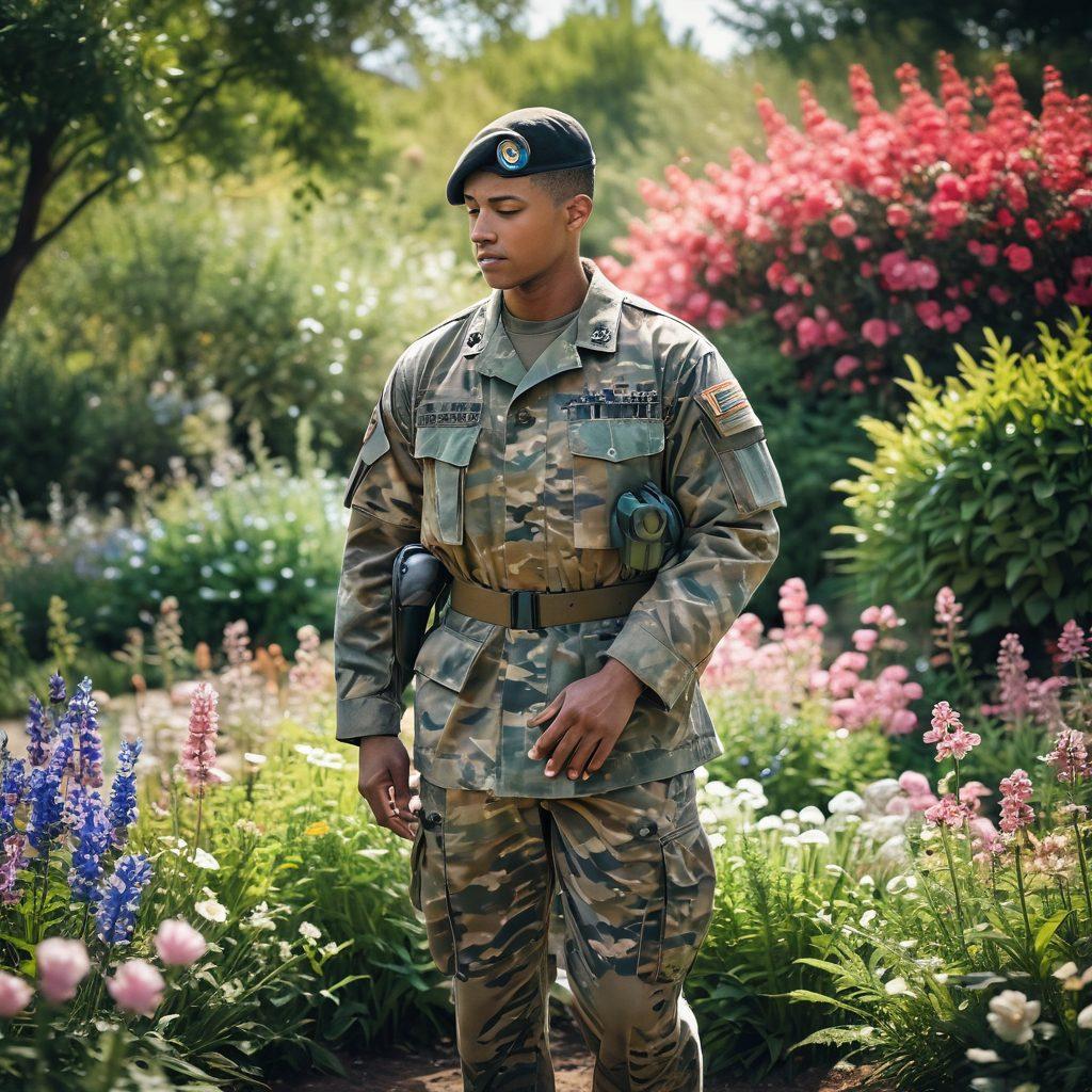 A soldier in a peaceful garden, surrounded by blooming flowers, symbolizing healing and hope. The soldier is gently holding hands with a healthcare professional, representing support and care in overcoming war-related health issues. In the background, there is a subtle blend of textures, like combat gear merging into a healing environment. The overall tone conveys resilience and transformation. vibrant colors. soft focus. inspiring atmosphere.